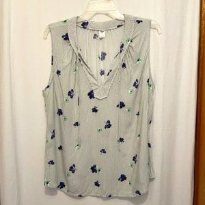 Taupe Blouse with Purple and Green Flowers